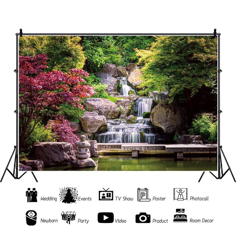 DORCEV 10x8ft Japan Garden Landscape Backdrop Retro Style Park View Photography Background Waterfall Maple Trees Bridge Kyoto Garden Travel Children Adult Portrait Photo Studio Props Wallpaper - Image 2